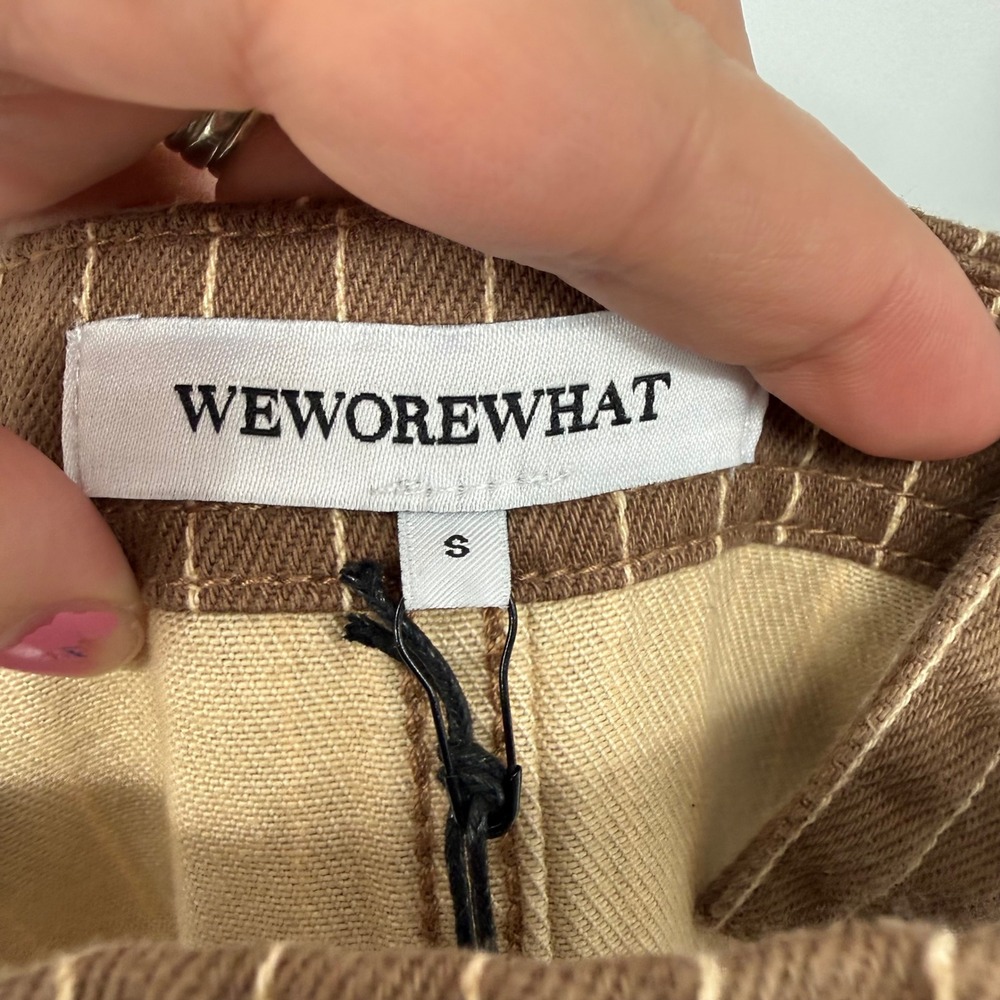 WEWOREWHAT SLIT OVERALL SHORT BROWN PINSTRIPE 100% COTTON SMALL NWT - FLAW - Picture 8 of 12